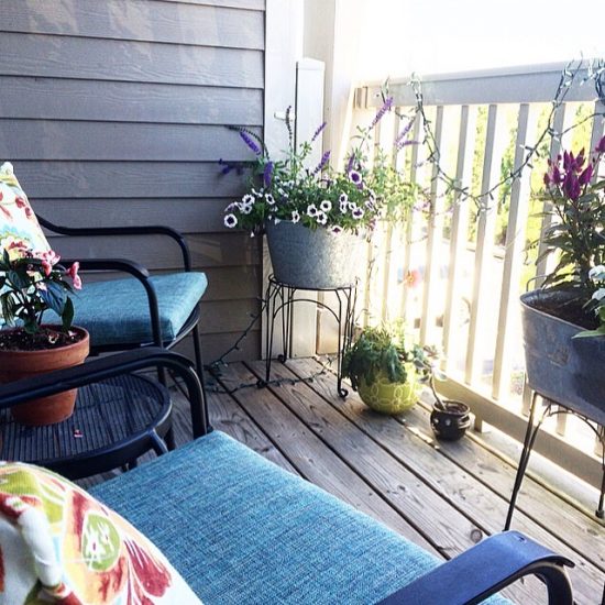 balcony with beautiful flowers blooming